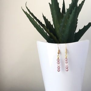 18K Gold Pink Cream 5 Pearl Bar Earrings Handmade